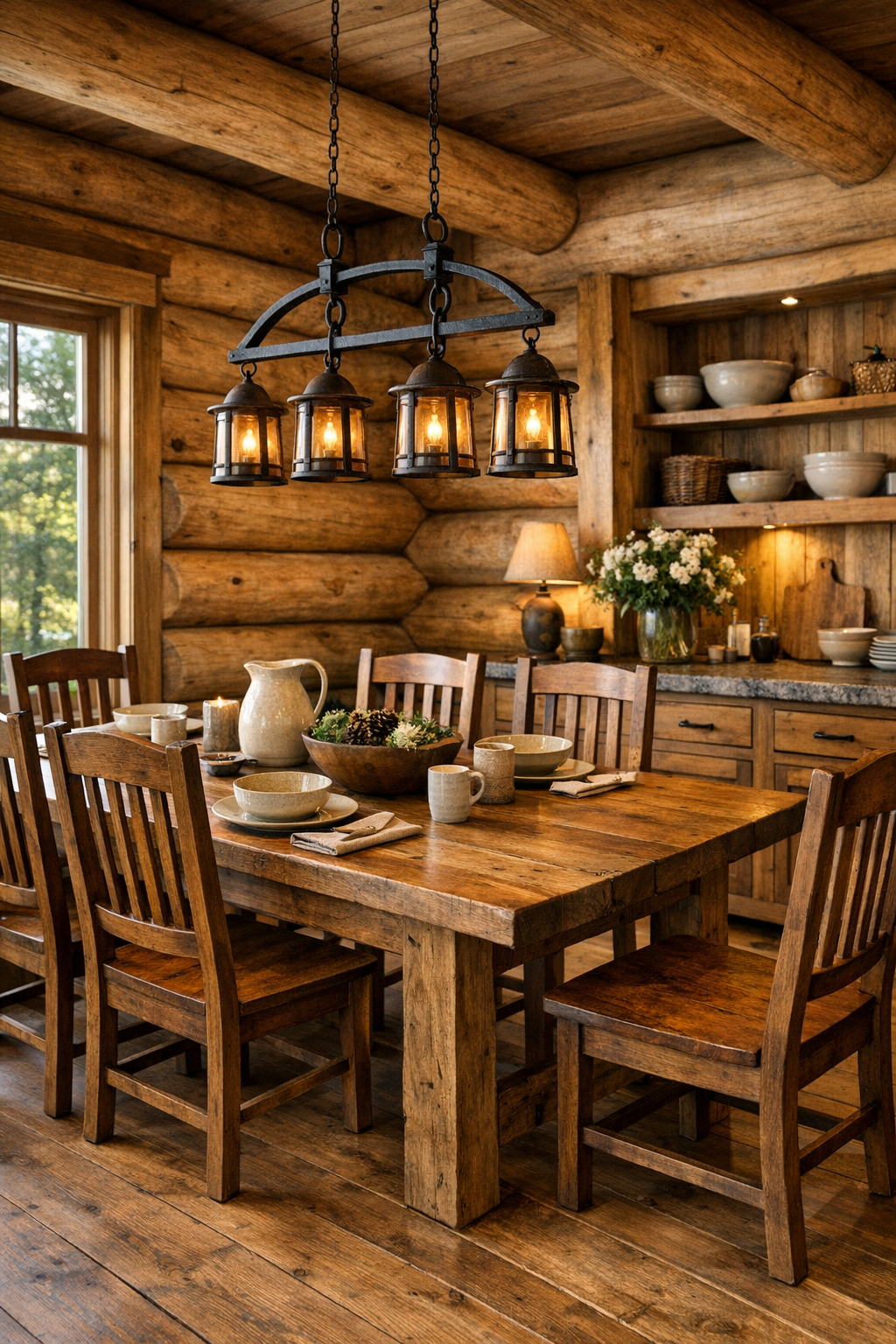 Handcrafted dining room with solid wood table, Amish-style chairs, and warm log walls