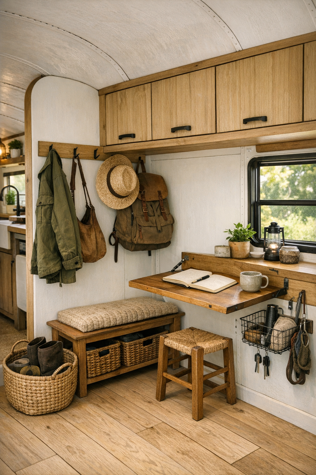 Entry and utility area in a converted bus with hooks, bench, and built-in storage
