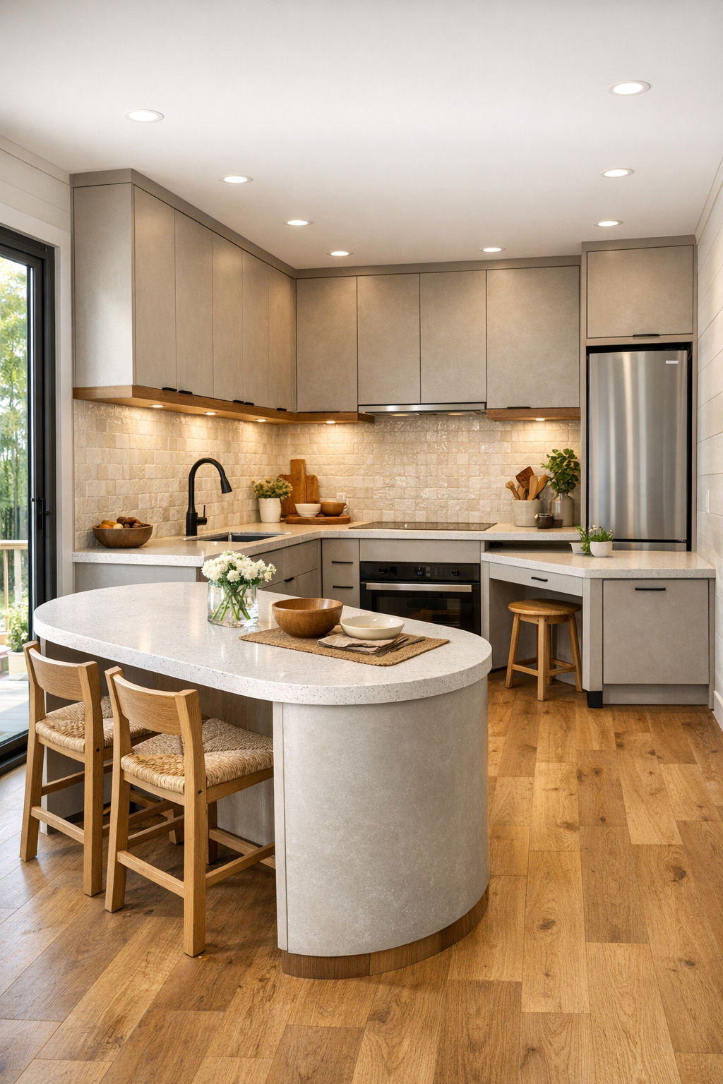 Accessible contemporary kitchen with greige cabinetry, oak accents, waterfall island, and handmade-look tile backsplash