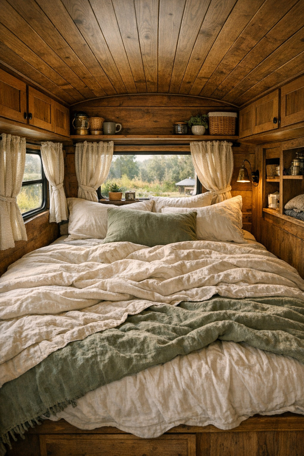 Peaceful bus bedroom with layered linen bedding, built-in storage, and warm wood surrounds