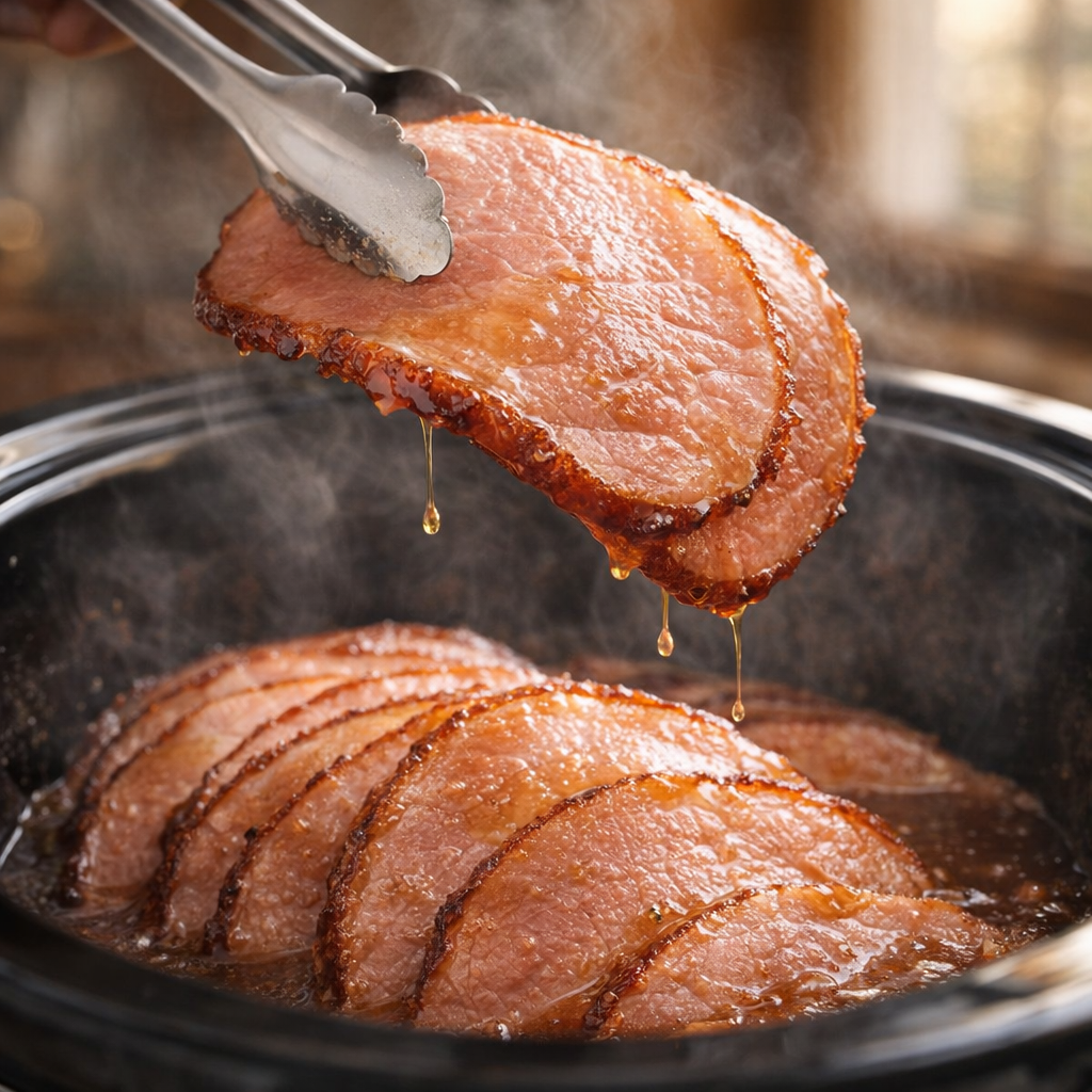 Cooked glazed ham being lifted from the slow cooker with tongs