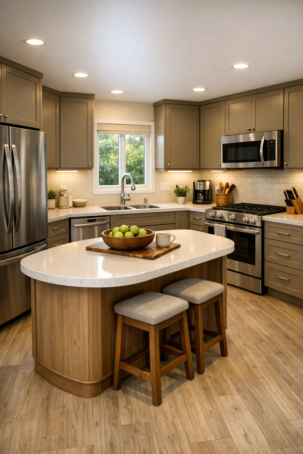 Senior-ready kitchen with khaki-taupe cabinets, quartz counters, under-cabinet lighting, and a compact island