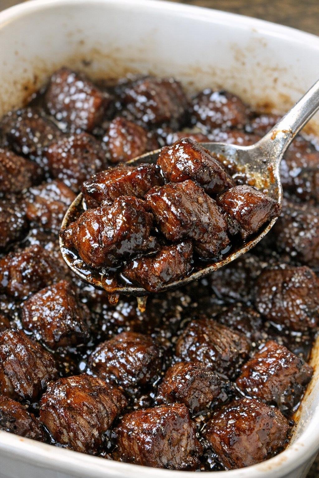 Close-up of glazed baked beef in a ceramic dish