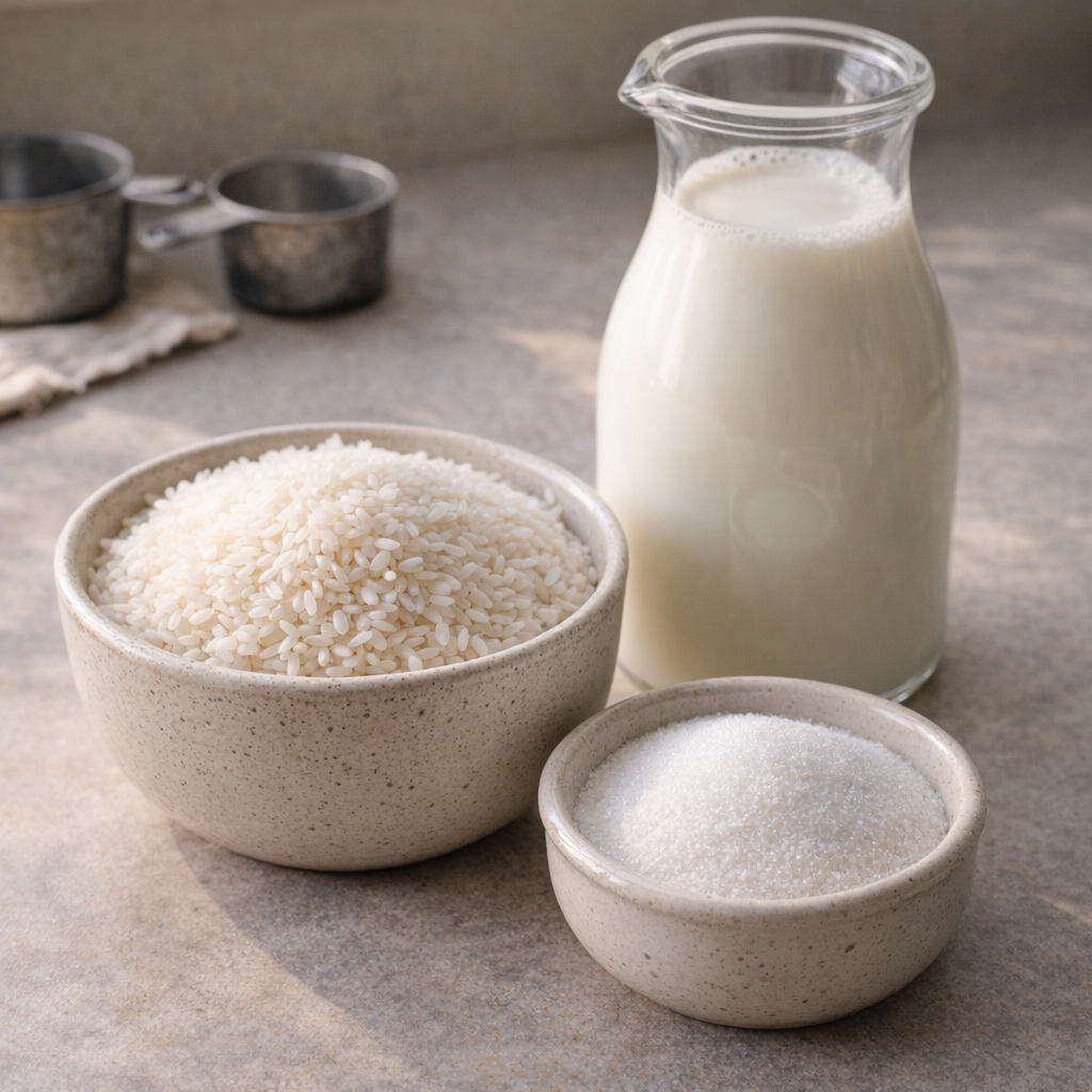 Rijst, melk en suiker afgemeten voor pudding