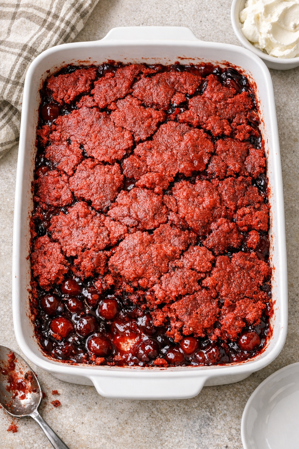 Baked red velvet cherry dump dessert in a glass baking dish