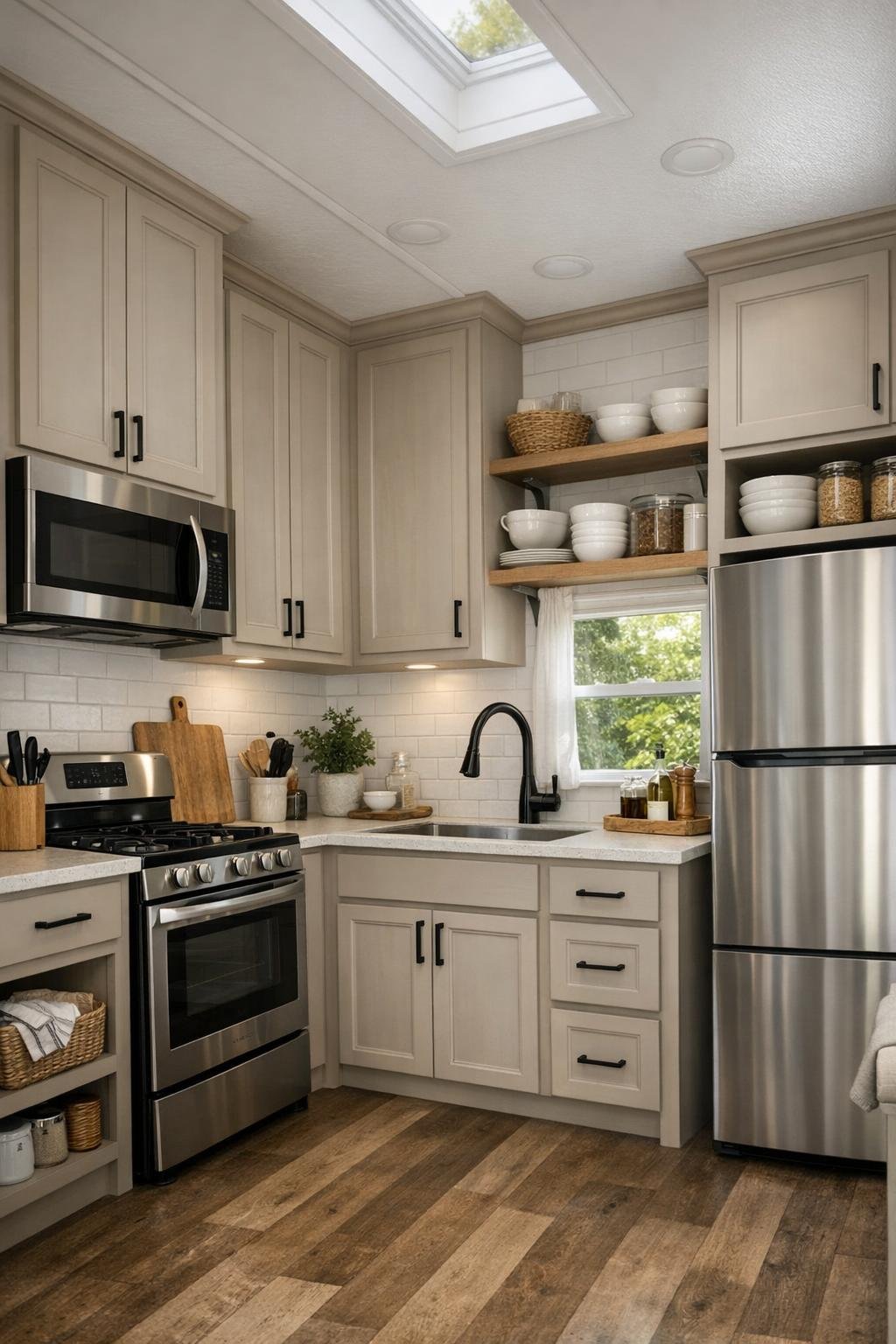 Compact bright kitchen with full-height cabinets, light counters, and black hardware