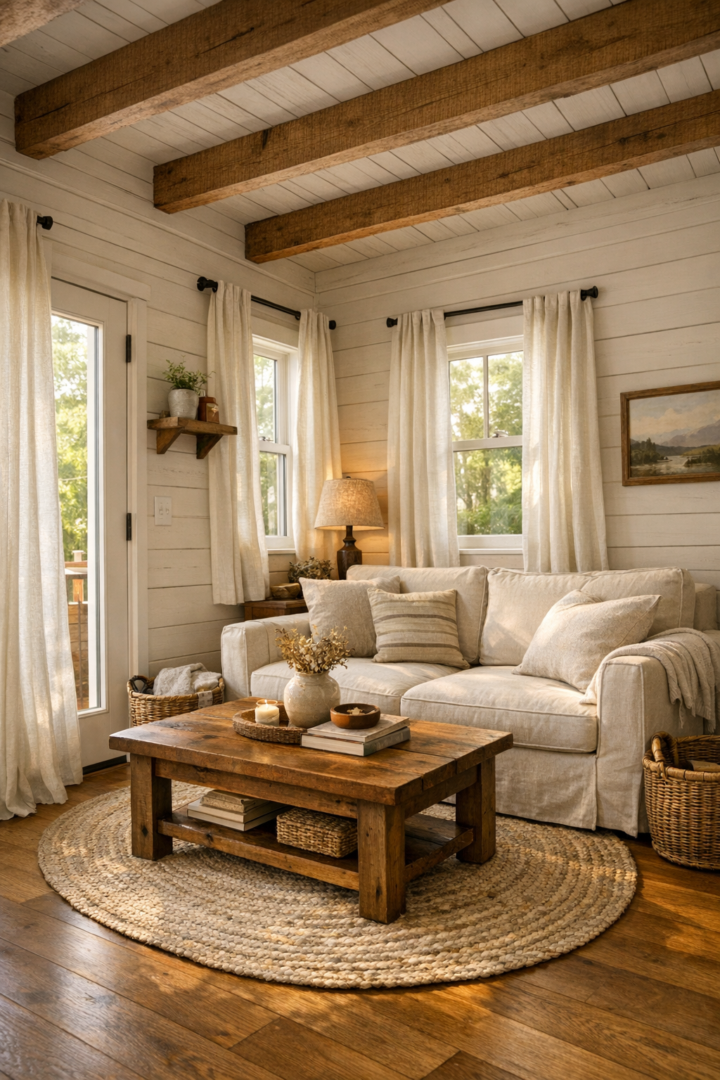 Bright farmhouse tiny home living room with ivory shiplap walls, oak floors, and soft neutral seating