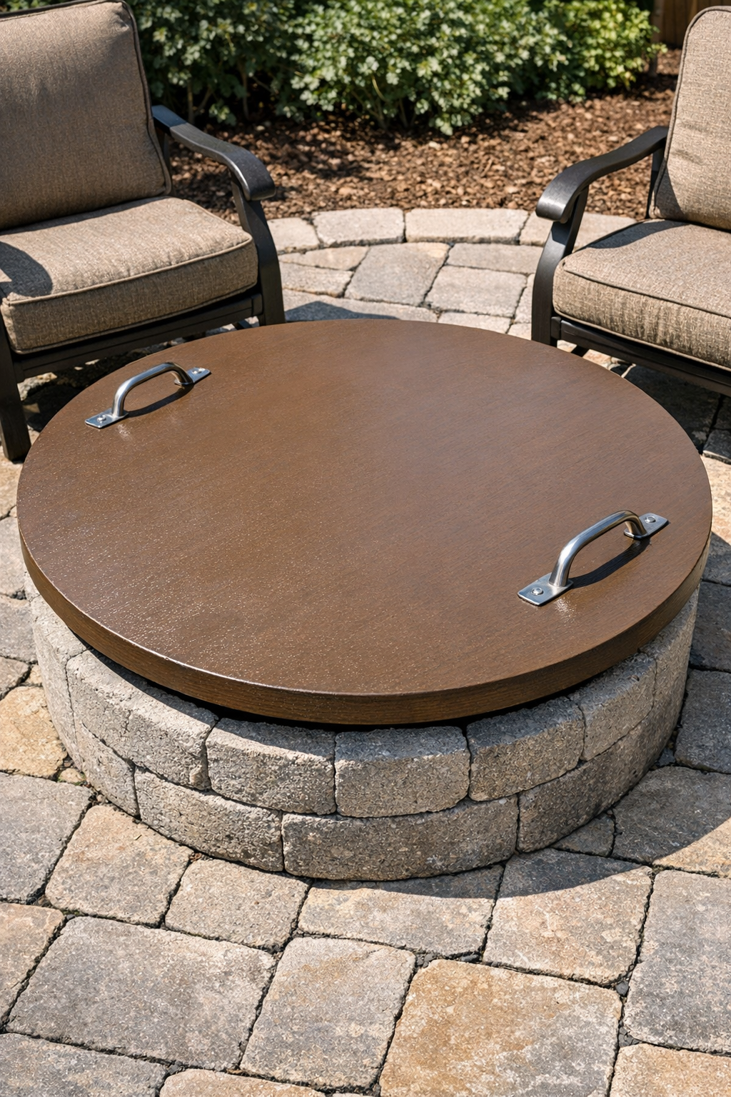 Finished plywood fire pit cover table on a concrete fire ring