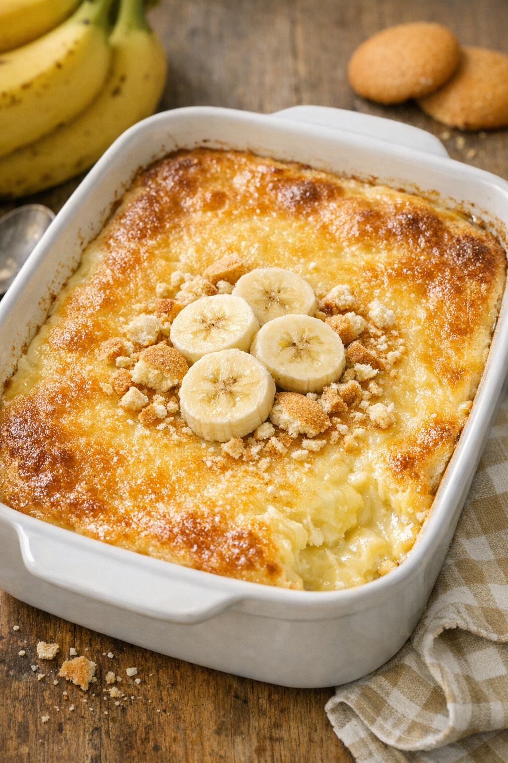 Finished baked banana pudding custard dessert in a casserole dish