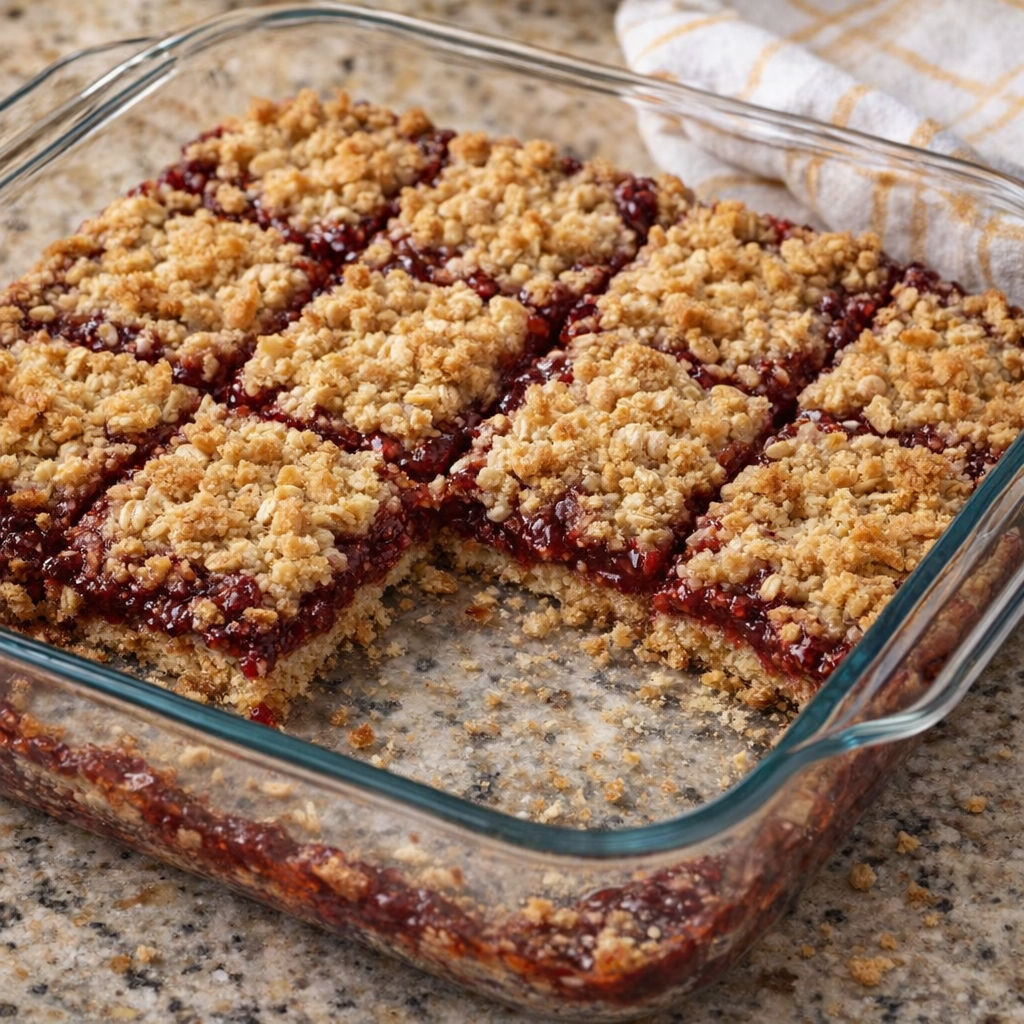 Pan of raspberry oat bars cooling on a kitchen counter