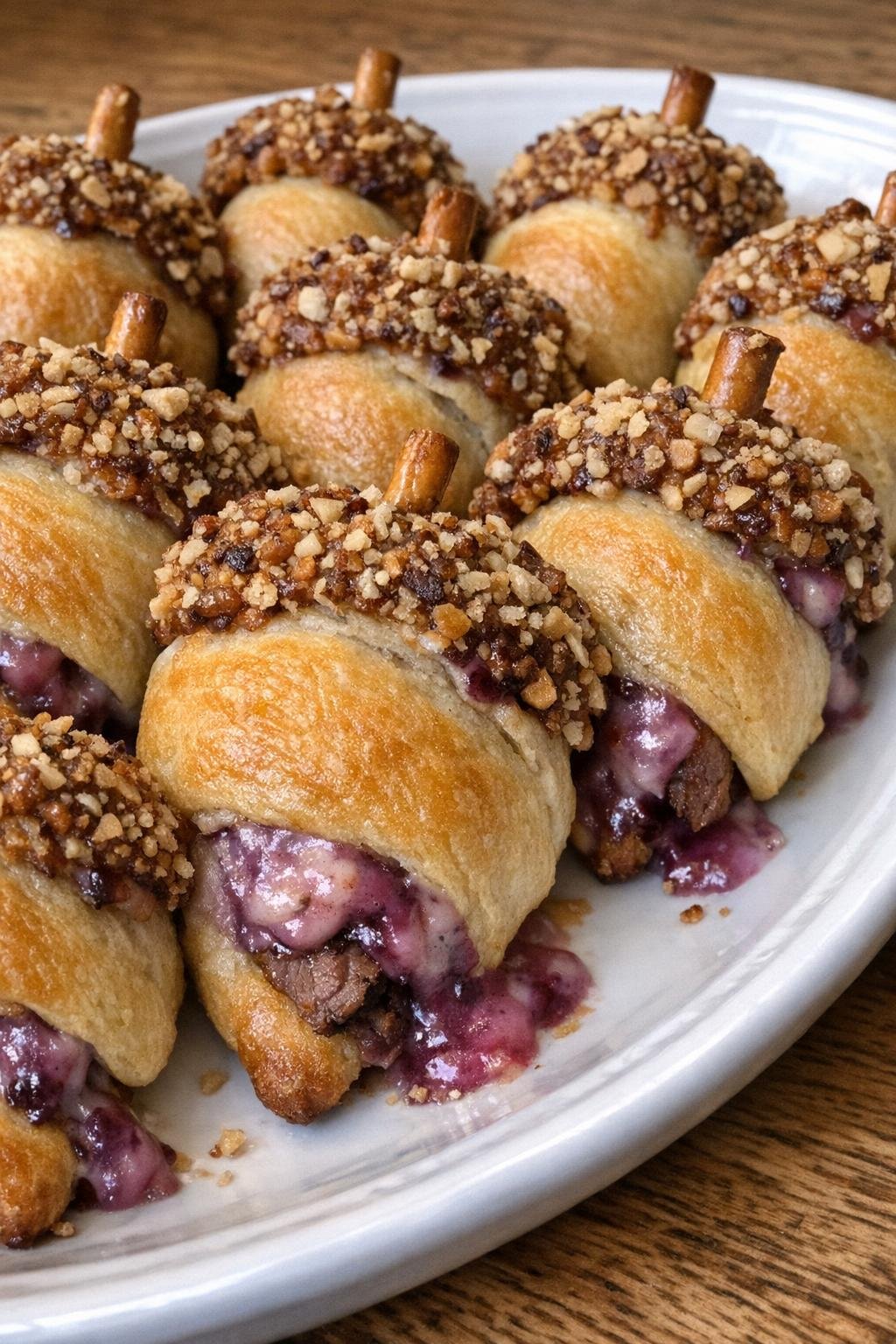 Golden brown crescent acorns filled with roast beef and port wine cheese on a white platter
