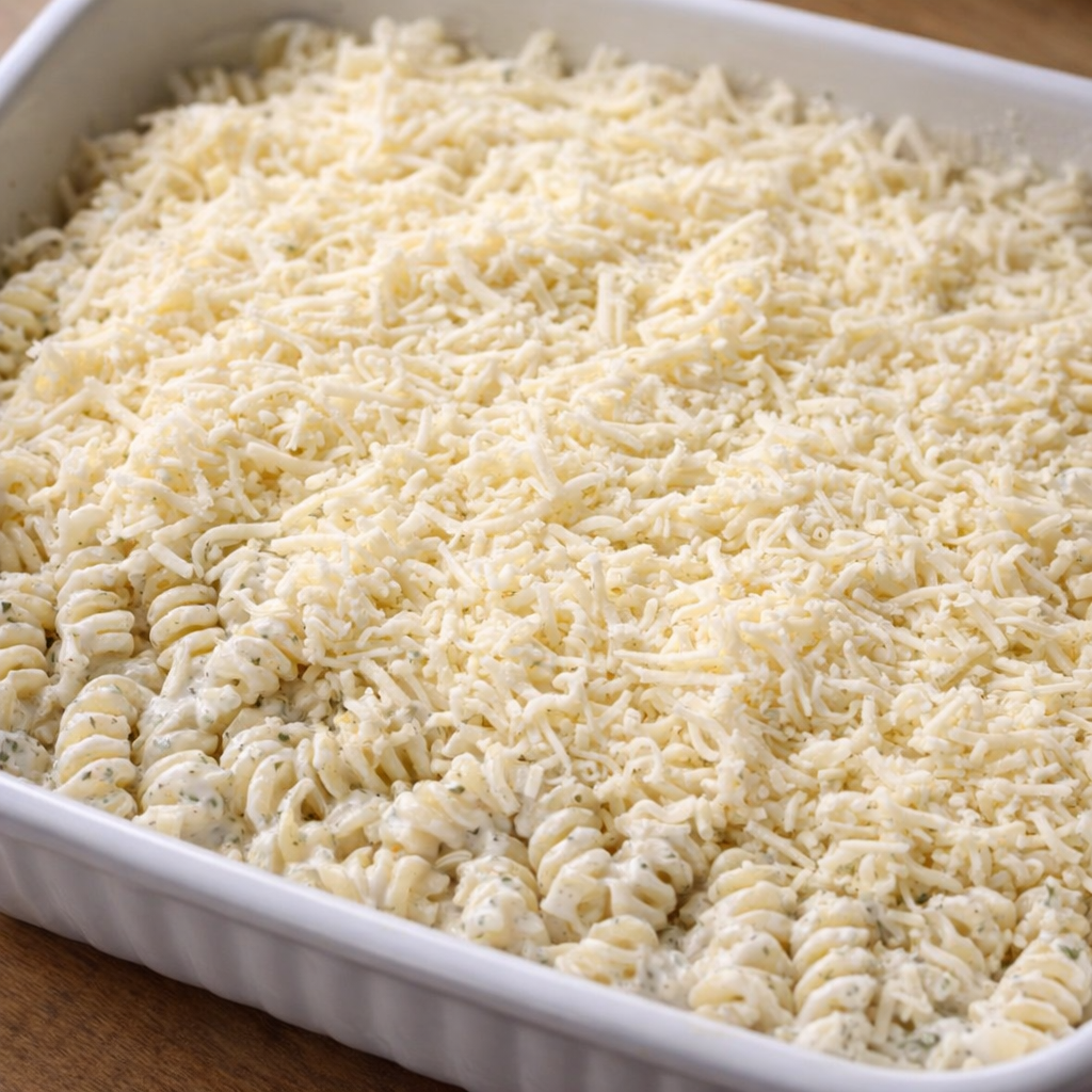 Unbaked casserole topped with shredded cheese
