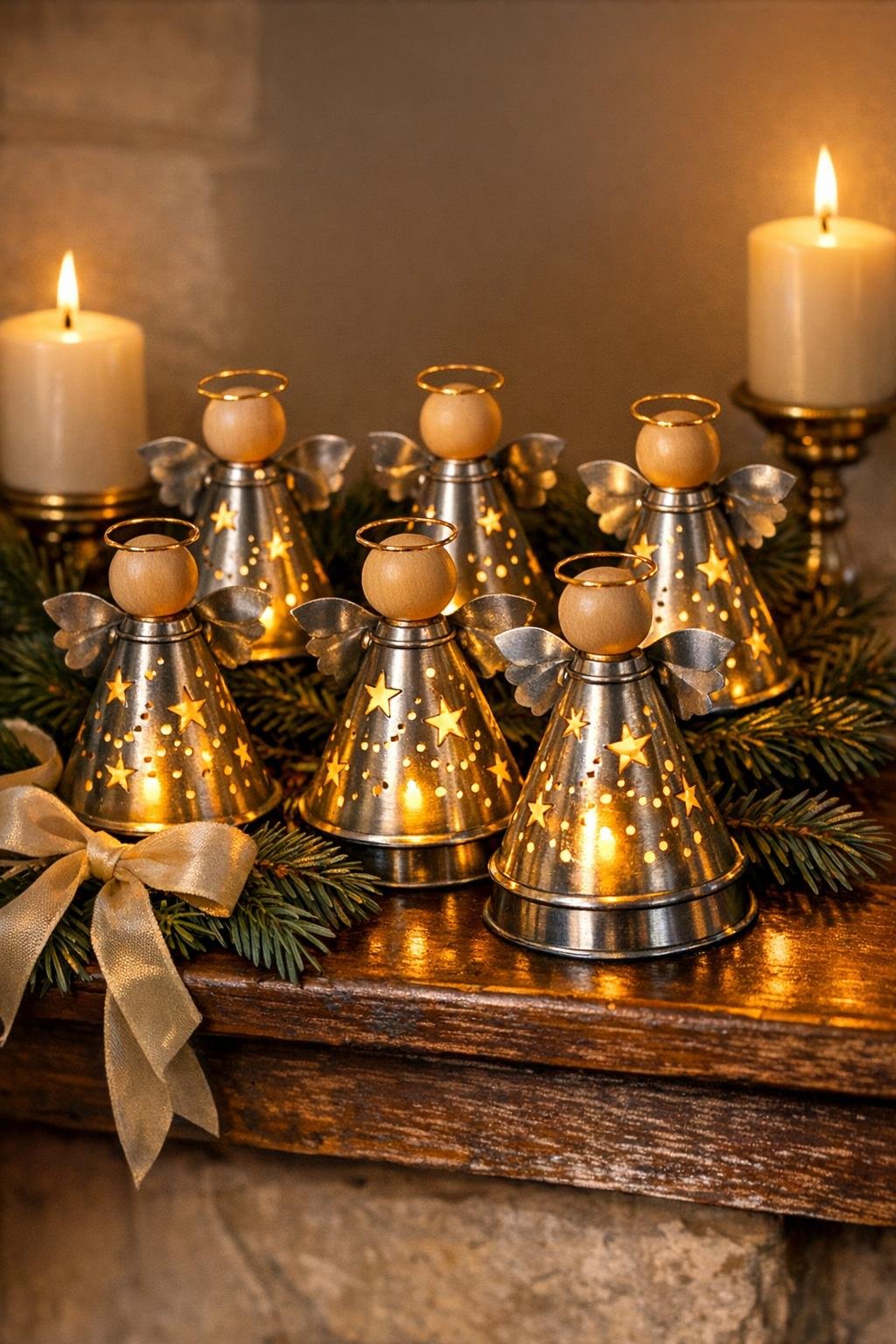 Finished punched tin funnel angels glowing with LED tea lights