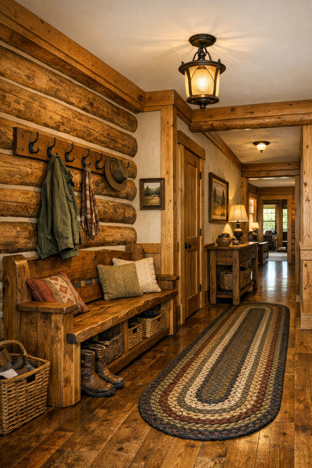 Charming entry and hallway area with handcrafted storage, braided runner, and classic rustic details