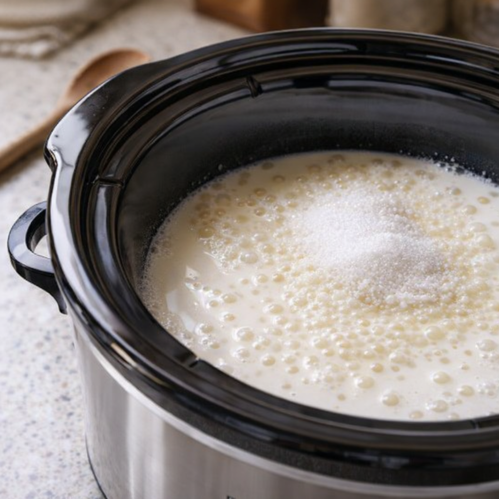 Slow cooker filled with milk and tapioca pearls before cooking