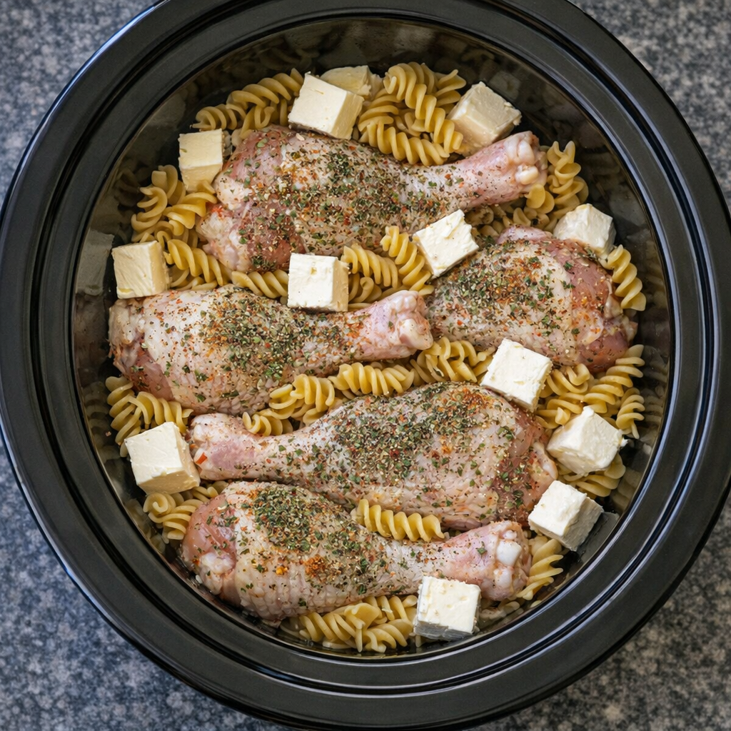 Raw chicken legs arranged in a slow cooker