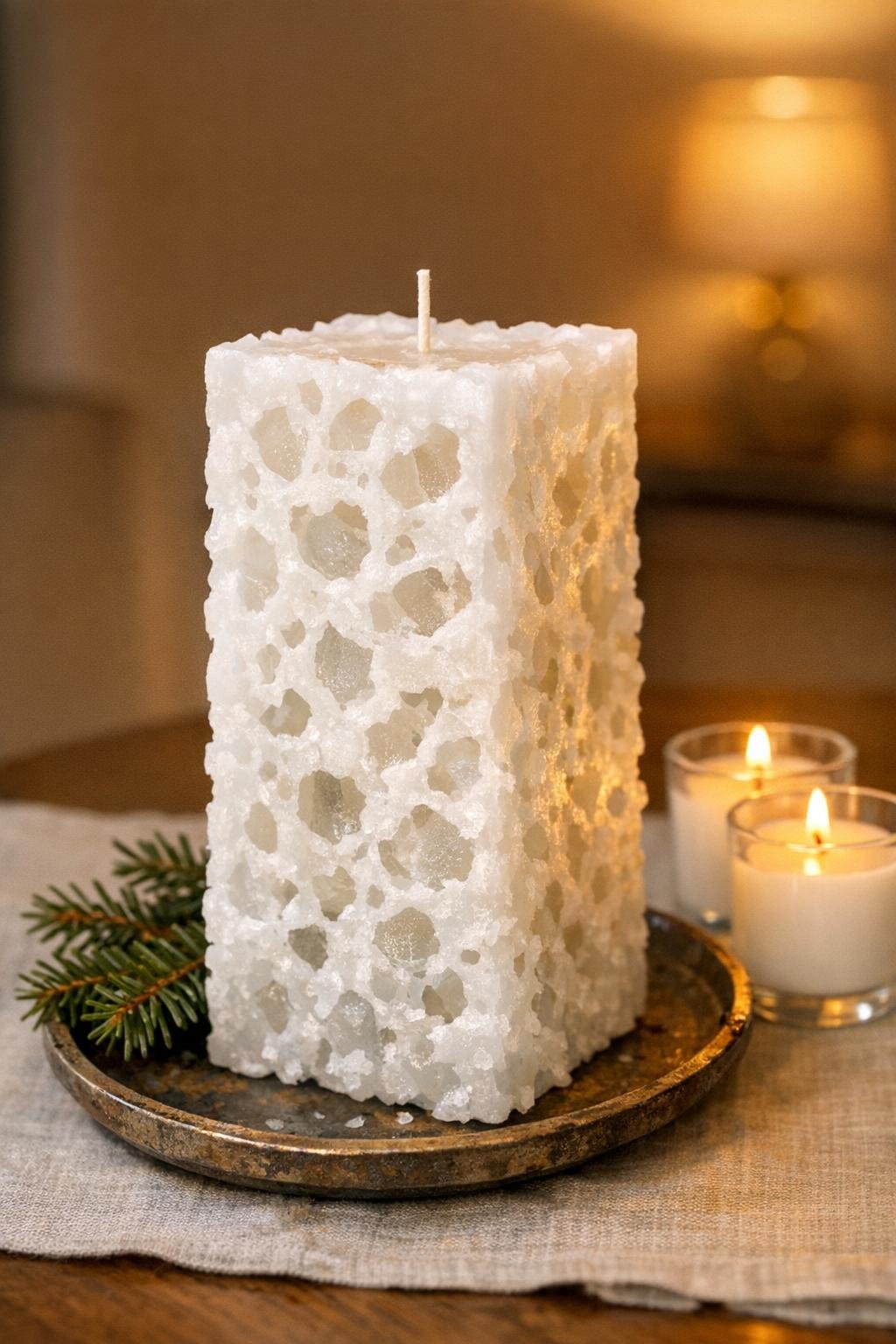 Finished white lacy ice candle displayed on a table