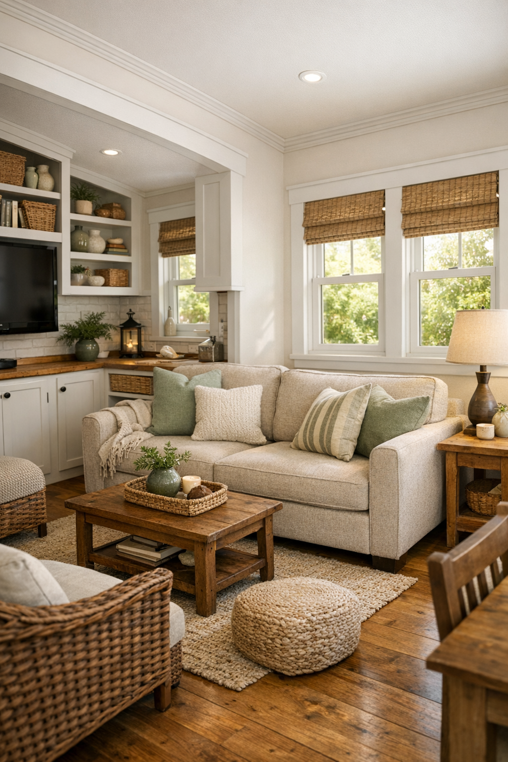 Cozy craftsman-style RV living room with sage accents and built-in storage