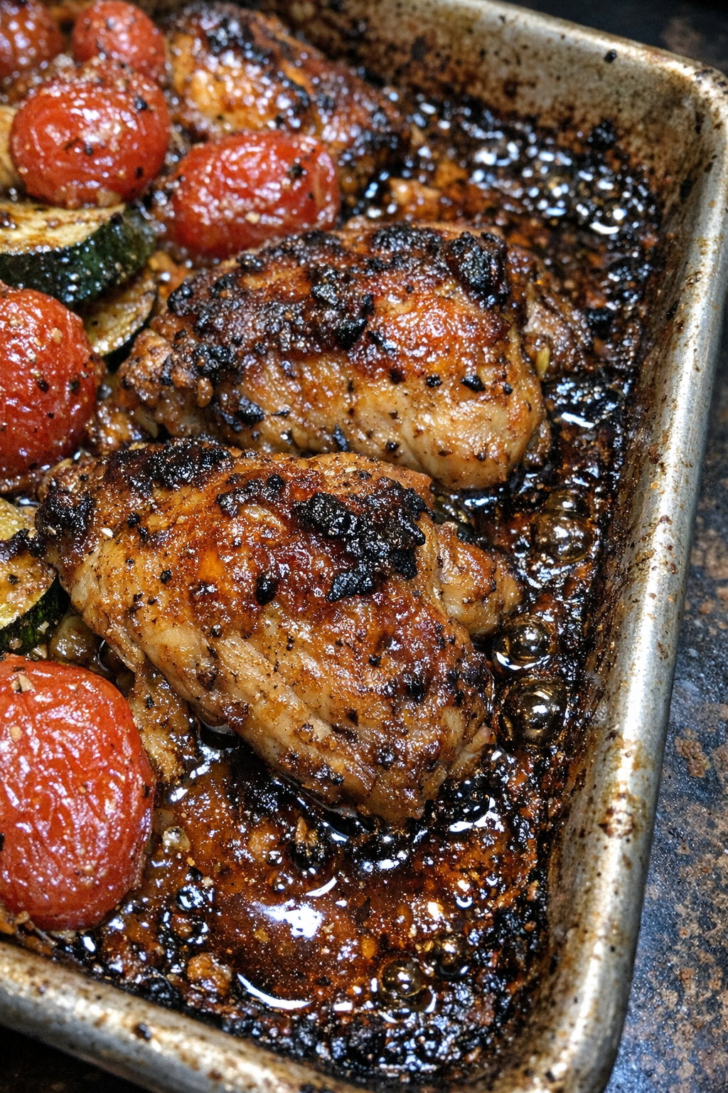Bubbling glistening caramelized bake in a metal baking sheet