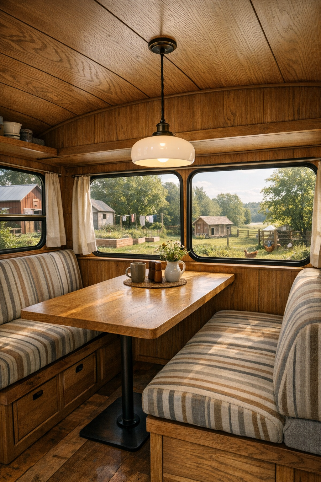 Built-in dining nook inside a converted bus with wood table and bench seating