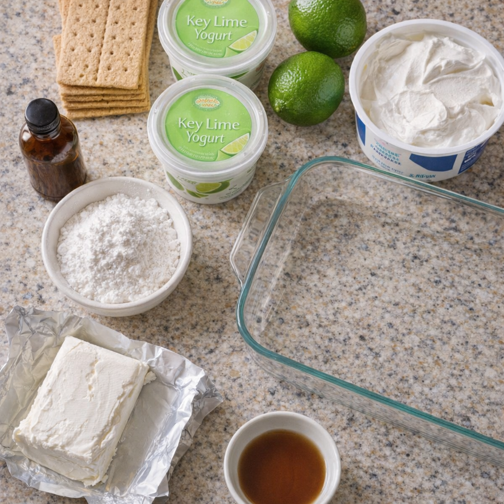 Key lime icebox cake ingredients arranged on a kitchen counter