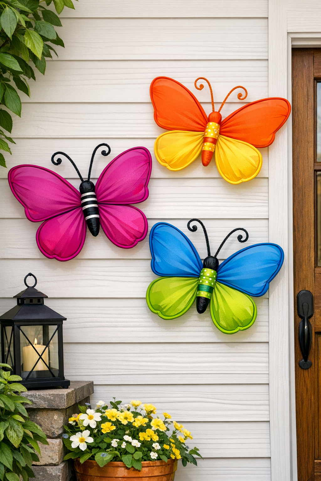 Finished giant porch butterflies made from colorful nylon tights and wire hangers