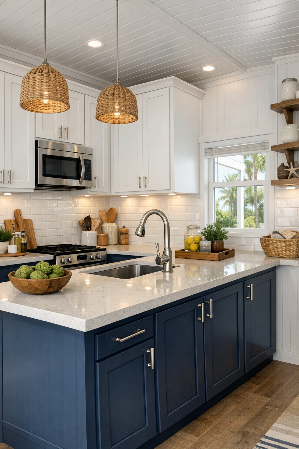 Compact coastal kitchen with white cabinets, navy accents, and light quartz counters