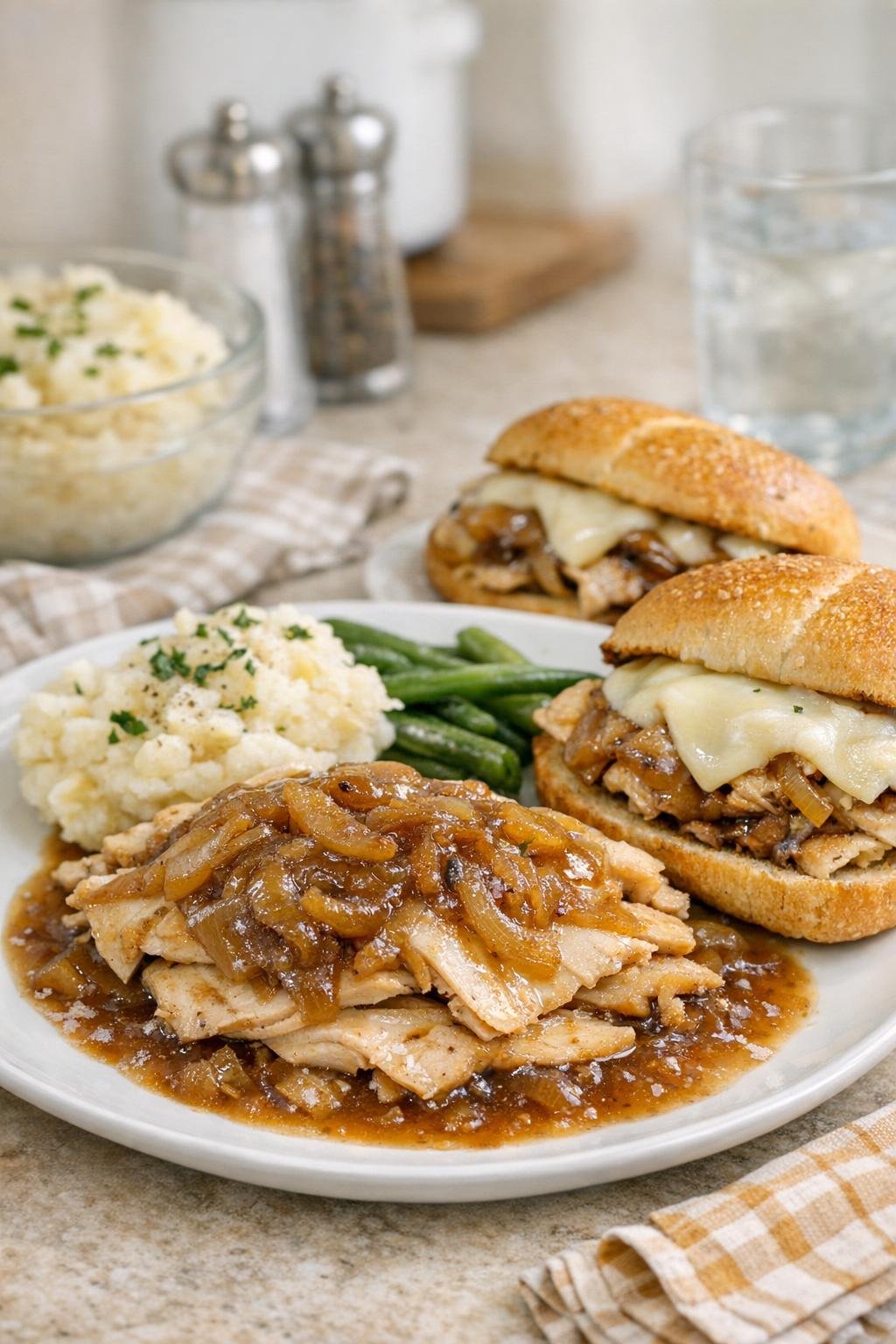 Finished French onion turkey served warm with sauce