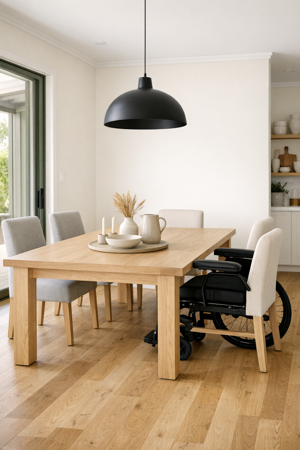 Warm modern dining room with oak table, upholstered chairs, and soft pendant lighting
