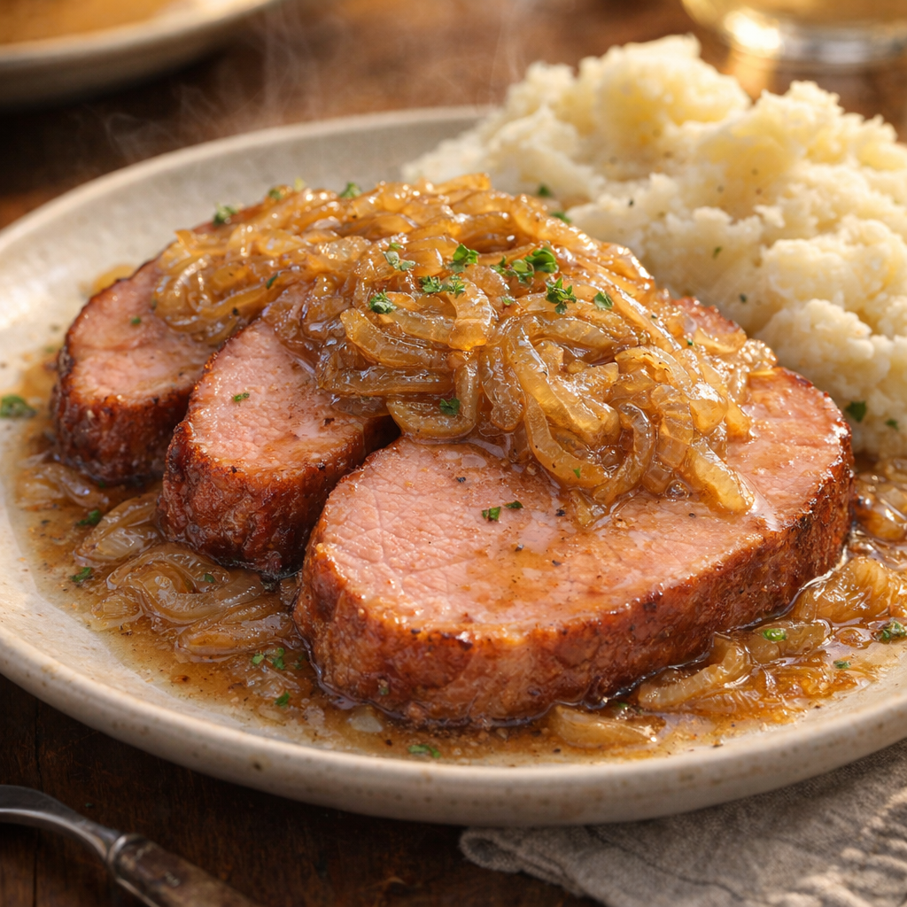 Served ham slices with caramelized onions and juices