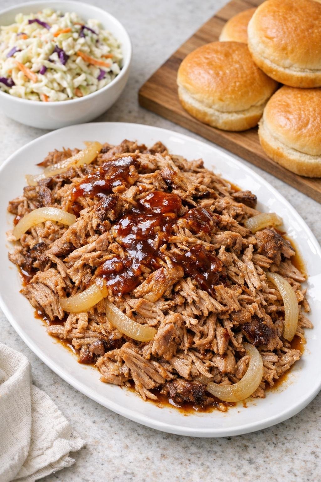 Finished shredded pork butt on a platter
