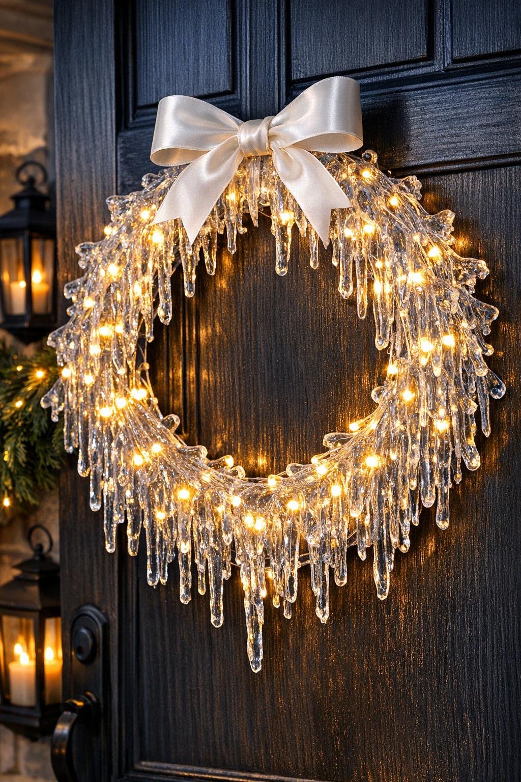 Finished icicle wreath glowing on a front door