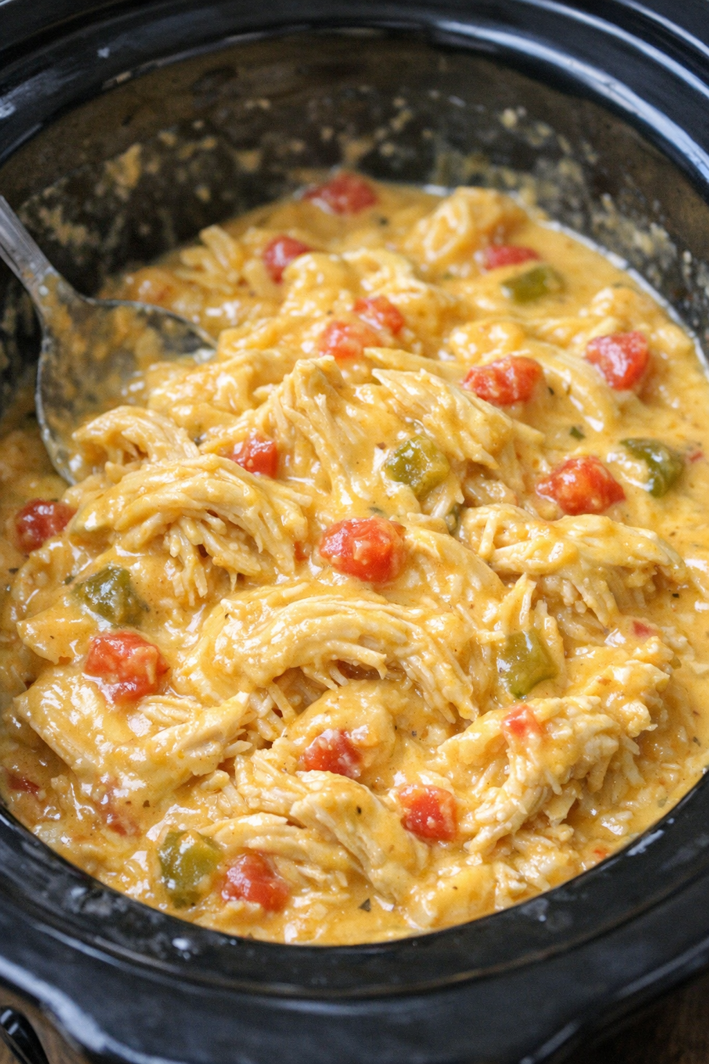 Creamy queso chicken in a black slow cooker