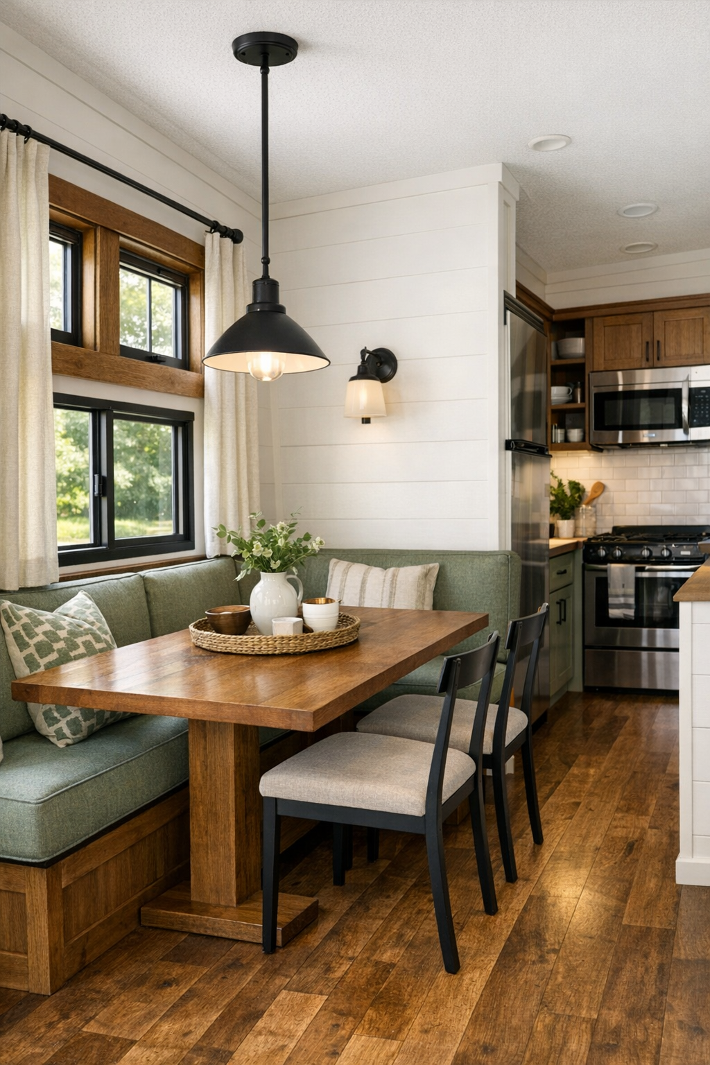 Cozy dining nook with built-in banquette, wood table, and craftsman details