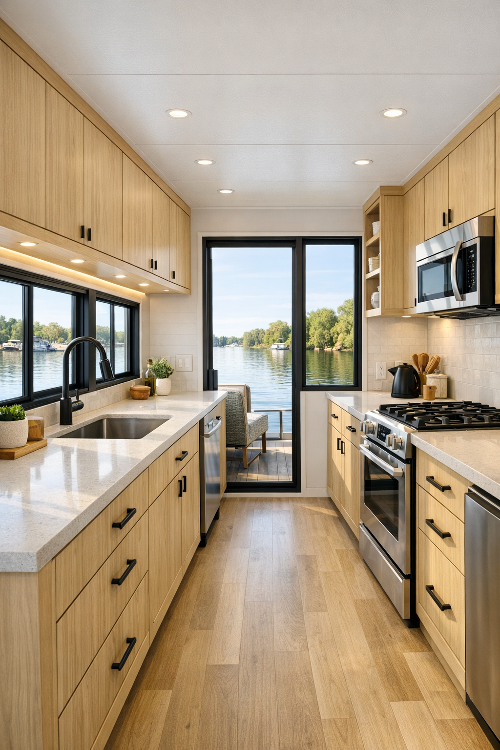 Contemporary accessible houseboat kitchen with pale wood cabinetry, quartz counters, and wide aisles