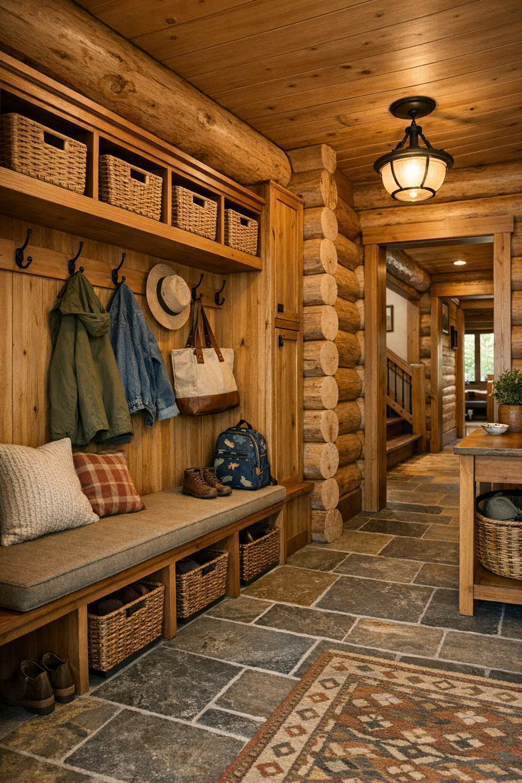 Mudroom and hallway area with built-in bench, wood storage, and practical handcrafted details