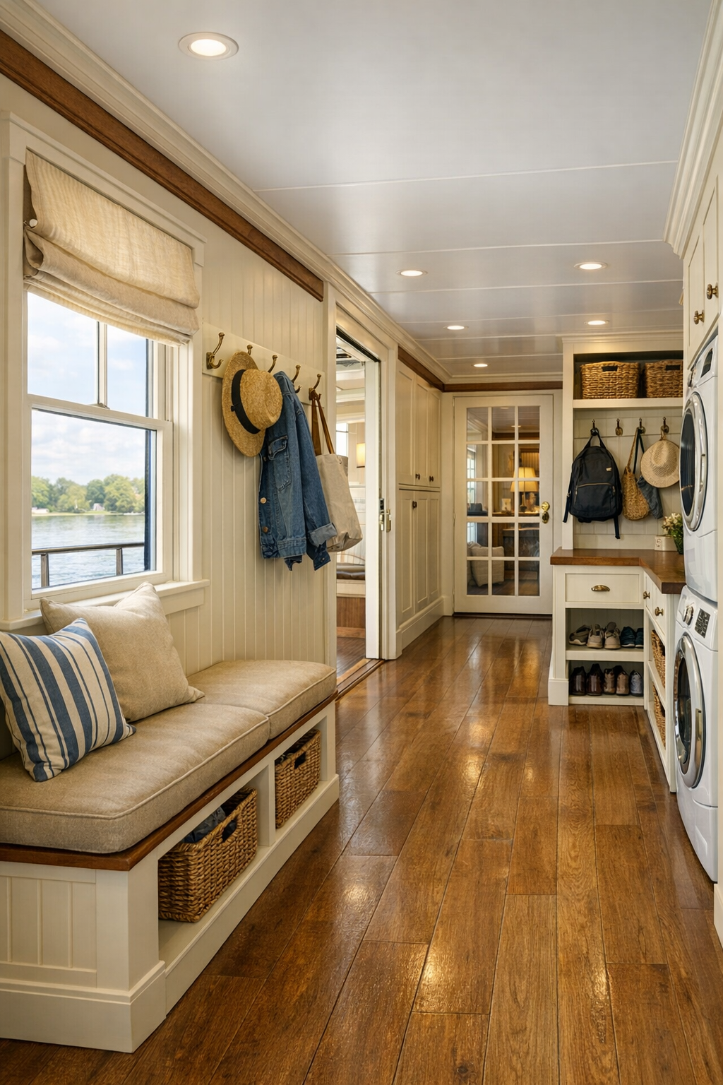 Bright hallway and utility area with built-in storage, wide pathways, and classic finishes