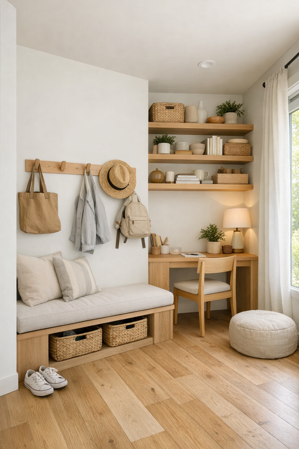 Tiny home entry and multipurpose nook with built-in bench, storage, and light wood finishes