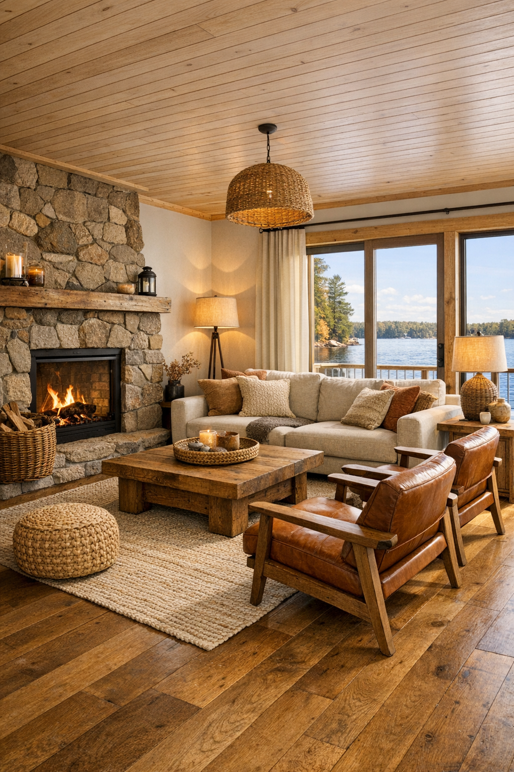 Lodge-style houseboat living room with warm wood, stone fireplace, and large water-facing windows