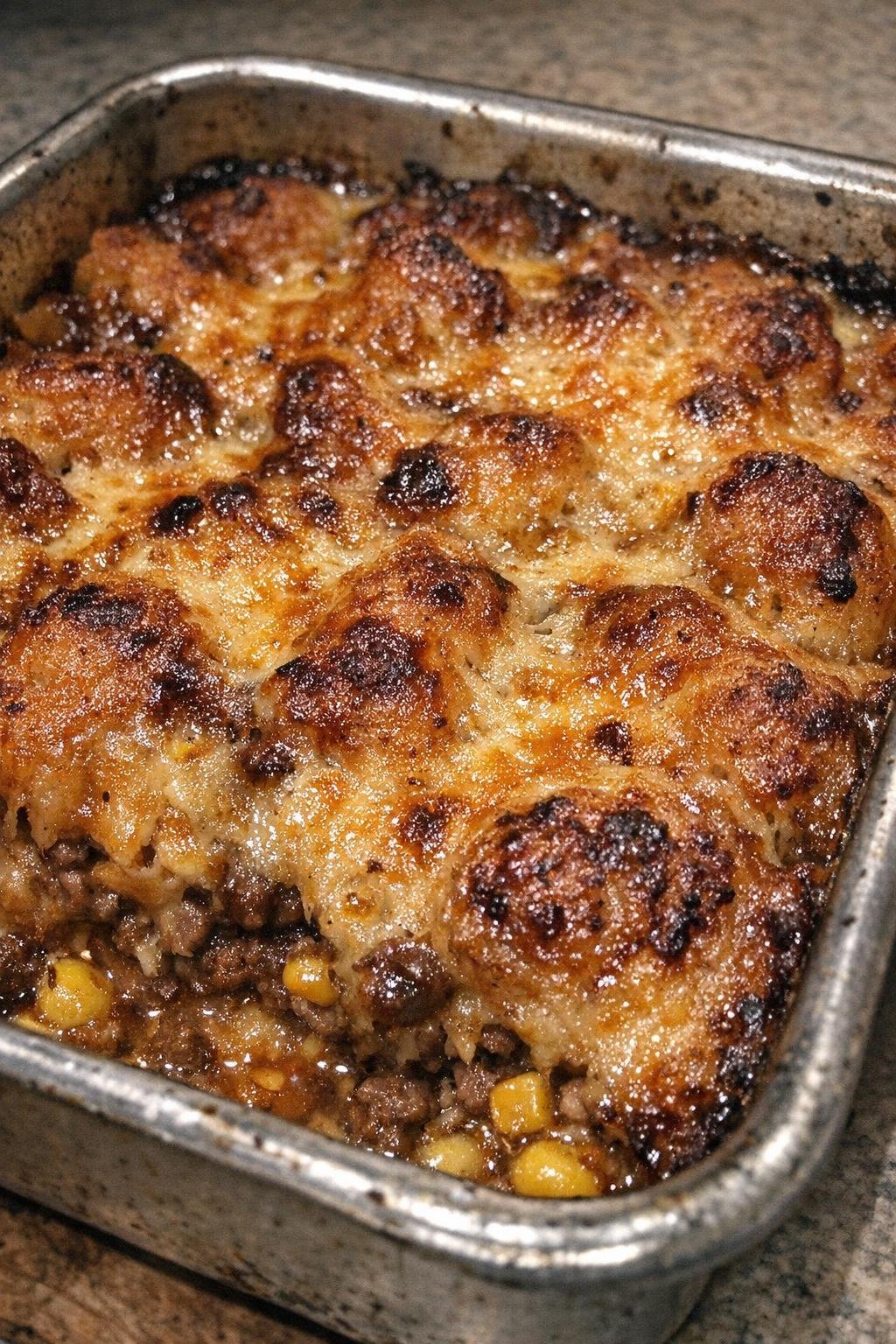Vintage cowboy casserole with a bubbling golden crust in a metal baking pan
