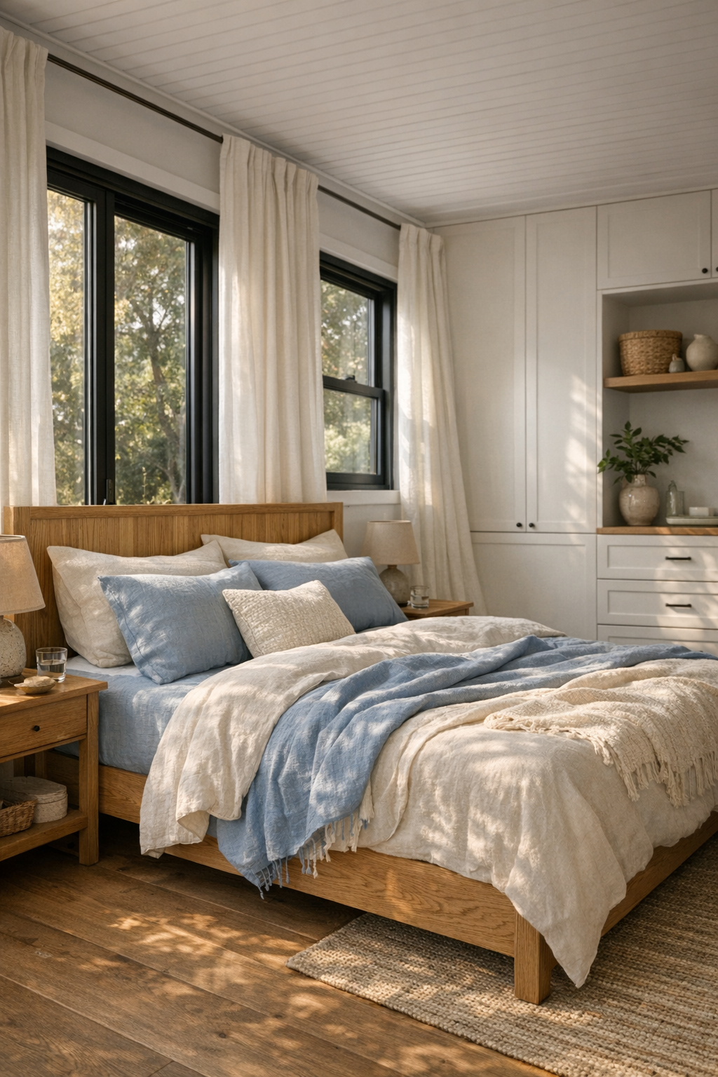 Serene bedroom with linen bedding, oak furniture, and soft blue accents