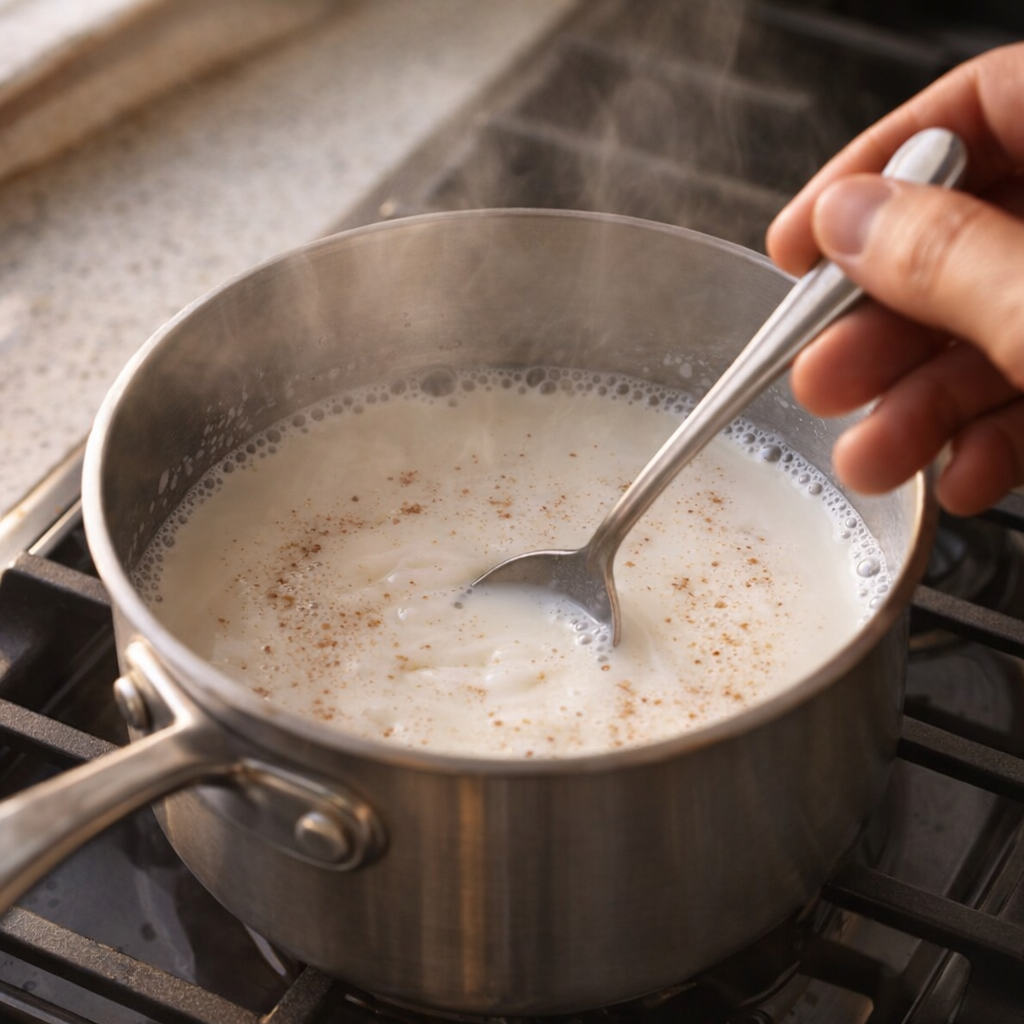 Warm spiced milk being stirred in a small saucepan