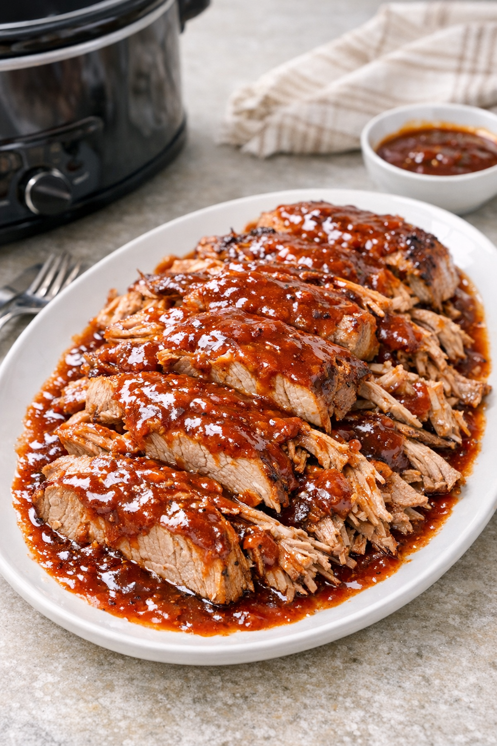 Finished slow cooker pork roast plated with sauce