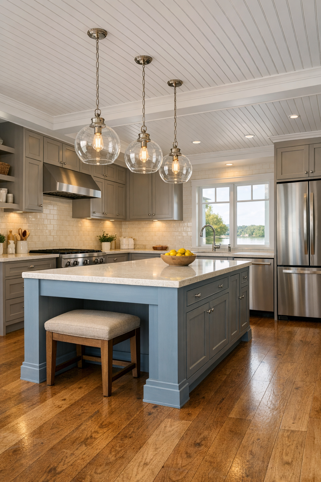 Accessible kitchen with mushroom-gray cabinets, blue-gray island, and light quartz counters