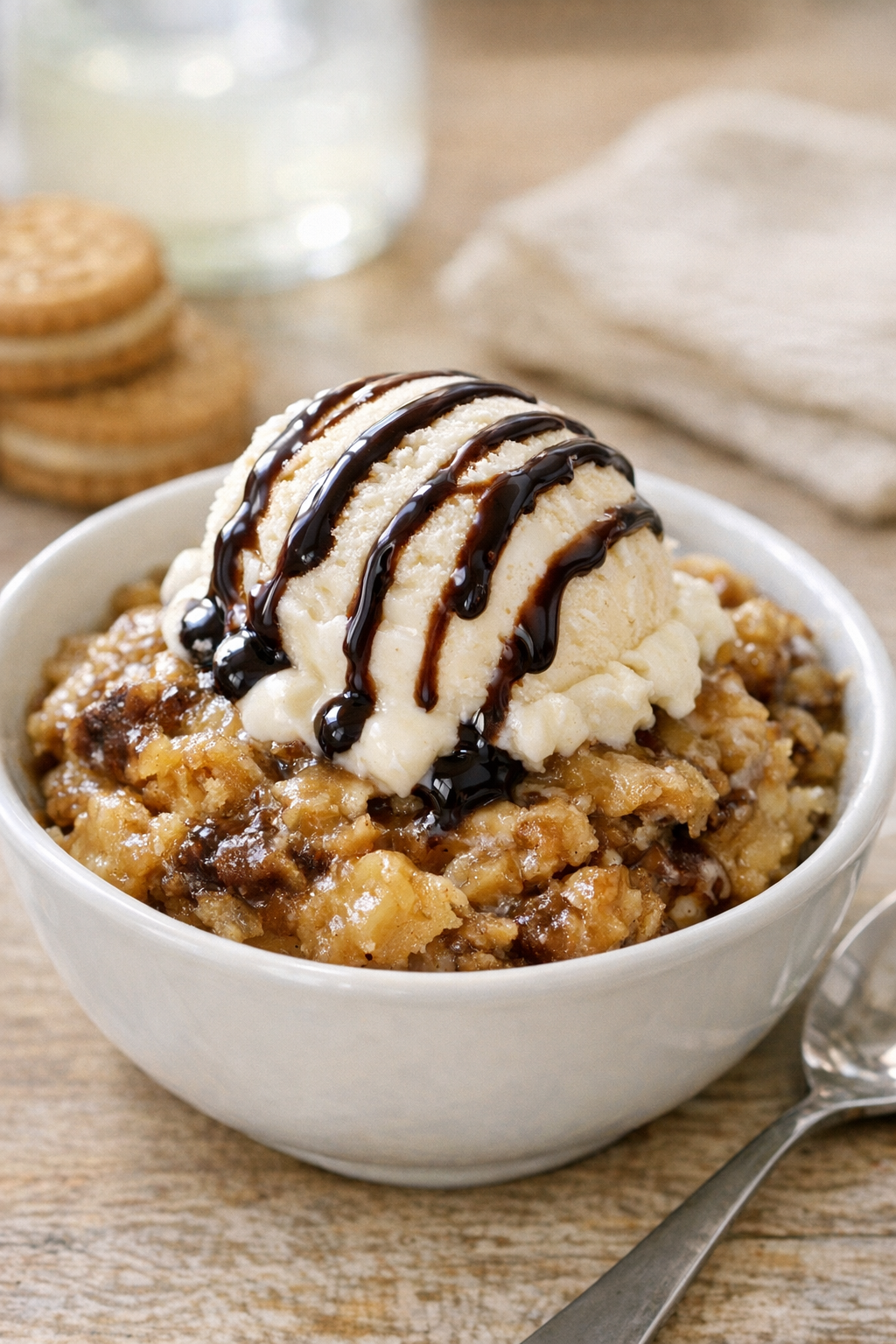 Plated peanut butter cookie dessert with ice cream