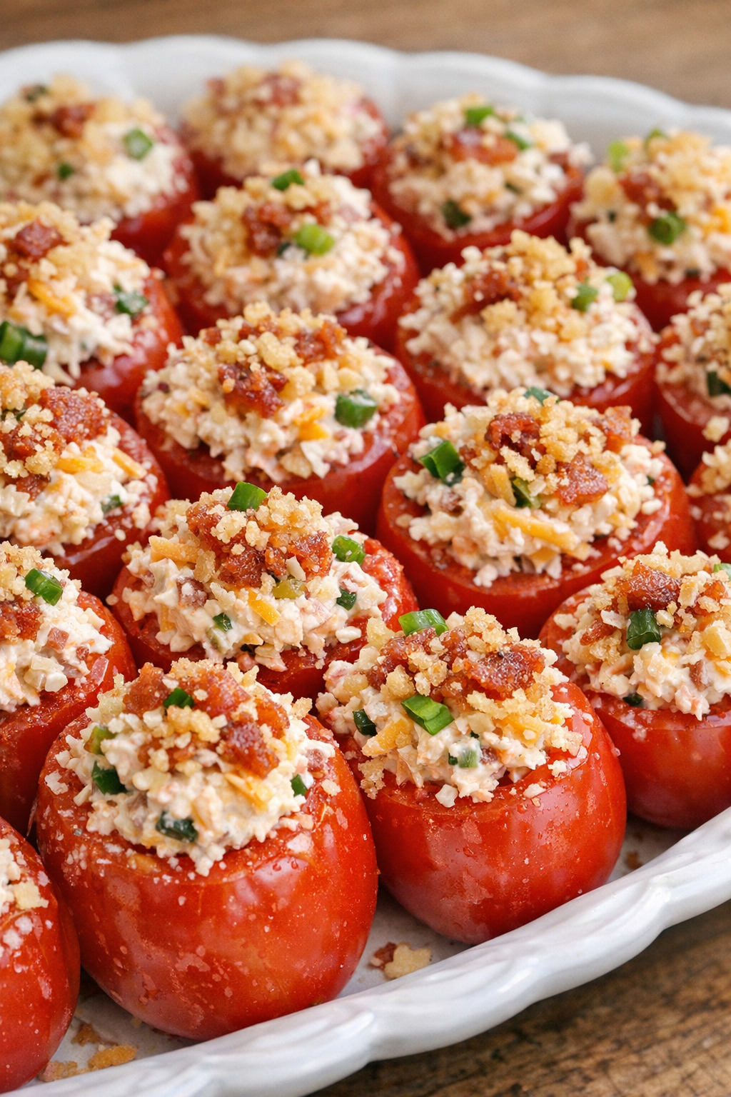 Southern stuffed cherry tomatoes on a serving tray