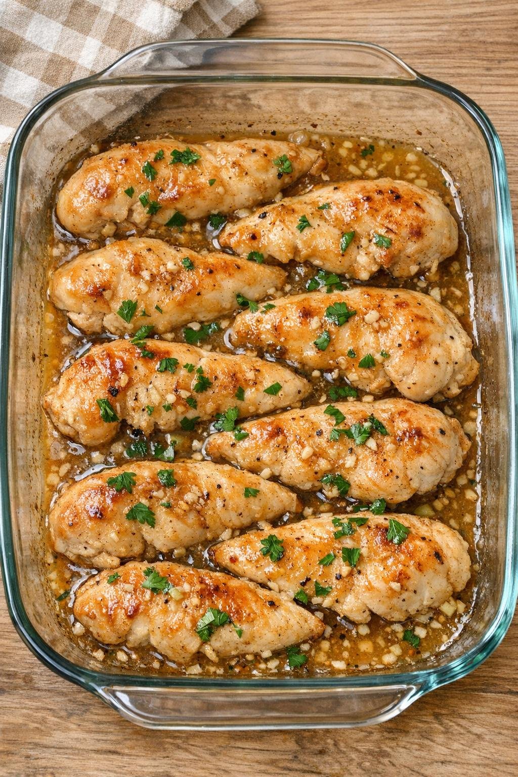 Finished baked chicken tenderloins in a glass casserole dish