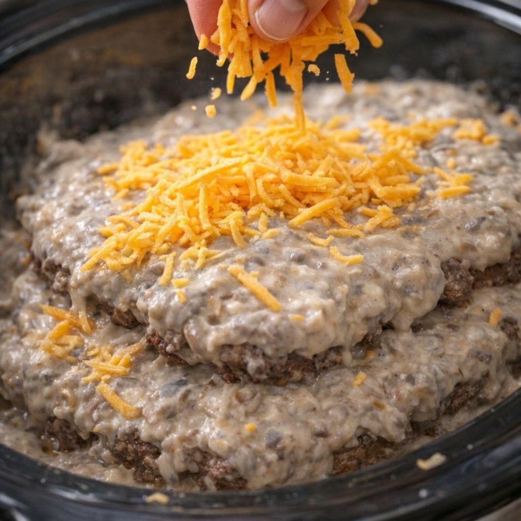 Cheese being sprinkled over soup-covered beef patties