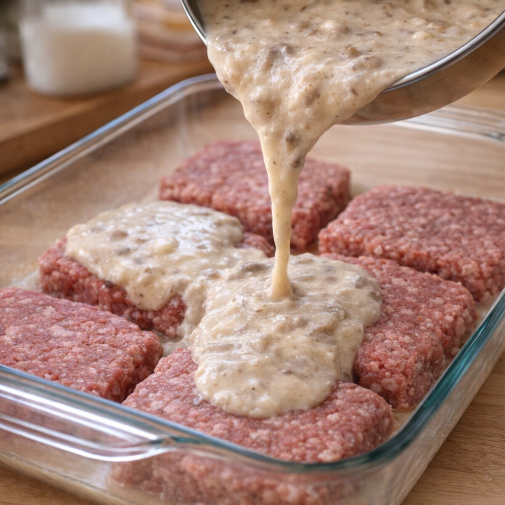 Creamy soup mixture being poured over raw beef patties in a glass baking dish