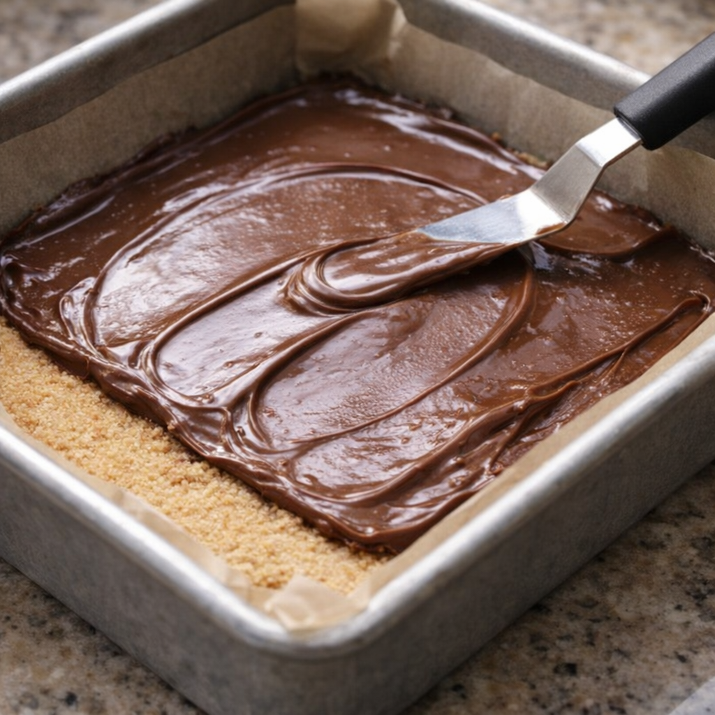 Chocolate topping being spread over the crust